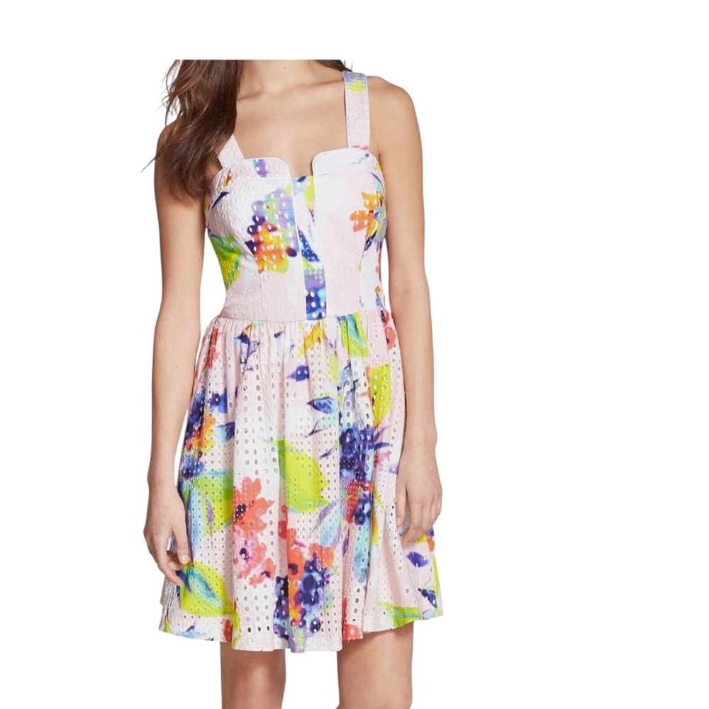 Trina Turk Elin Floral Multicolor Mini Dress Size 6 Adjustable Straps Pockets